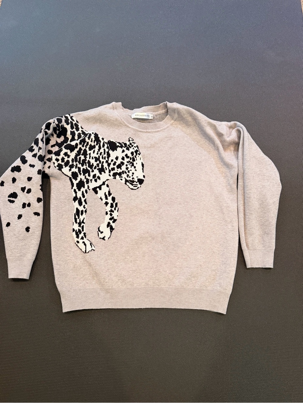 Grey Sweater with Black & White Leopard Motif